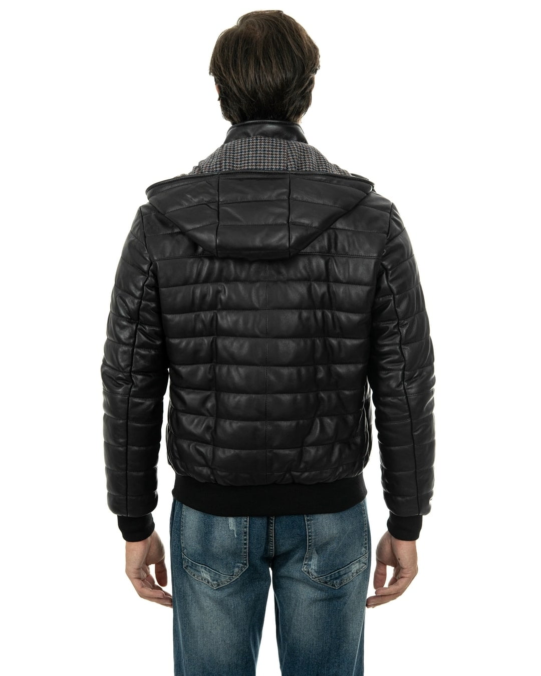 ADAM Piumino con cappuccio da uomo in vera pelle nero
