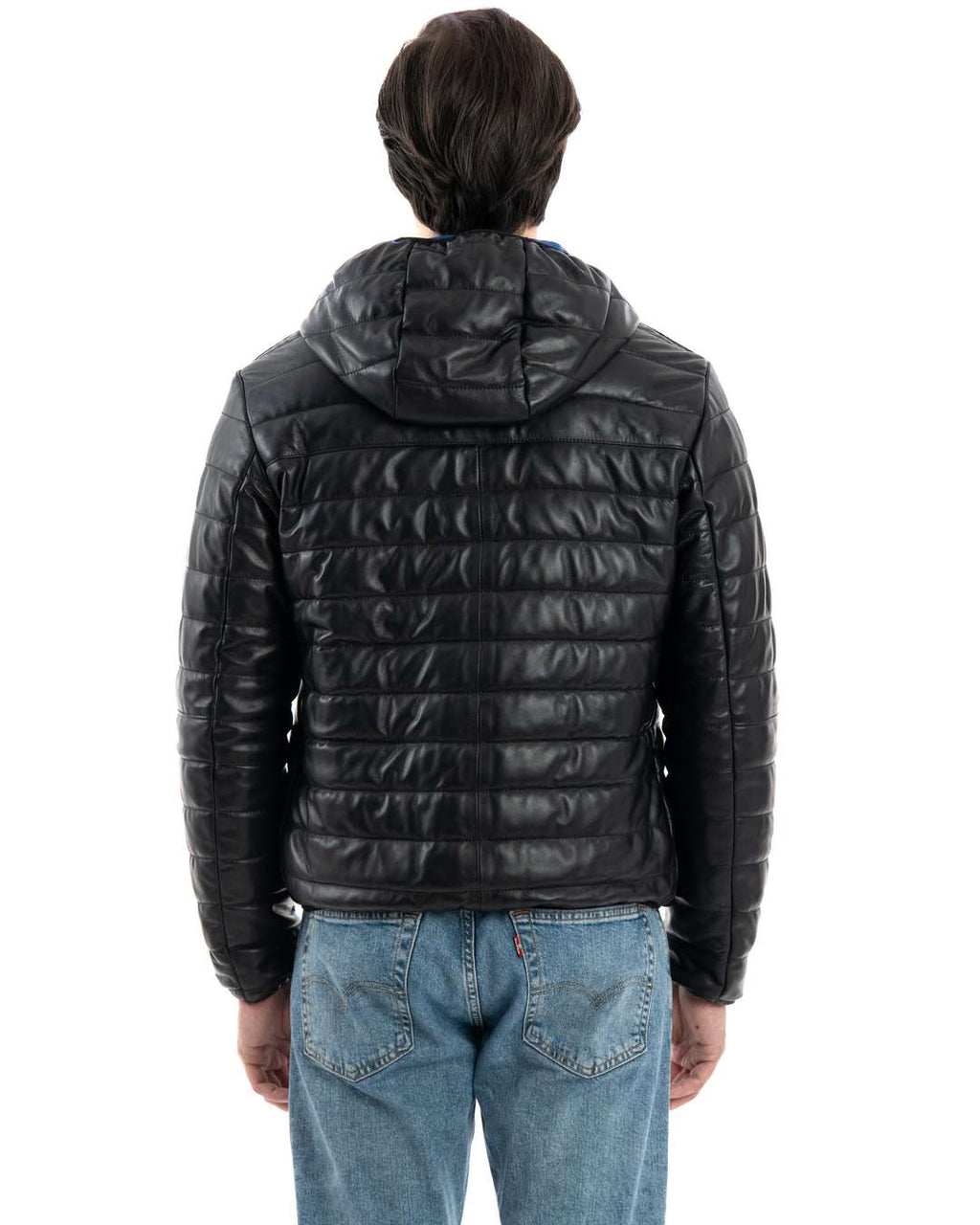 ALEX Piumino con cappuccio da uomo in vera pelle nero