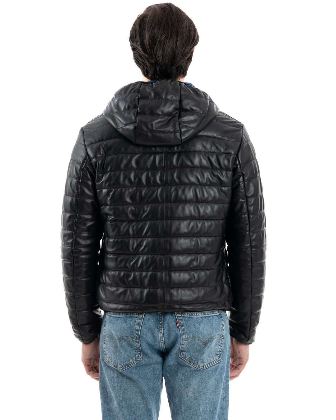 ALEX Piumino con cappuccio da uomo in vera pelle nero