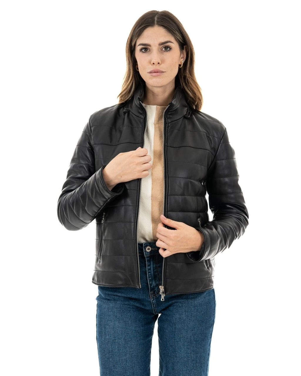 GRACE Piumino con cappuccio da donna in vera pelle nero