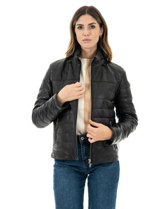 GRACE Piumino con cappuccio da donna in vera pelle nero
