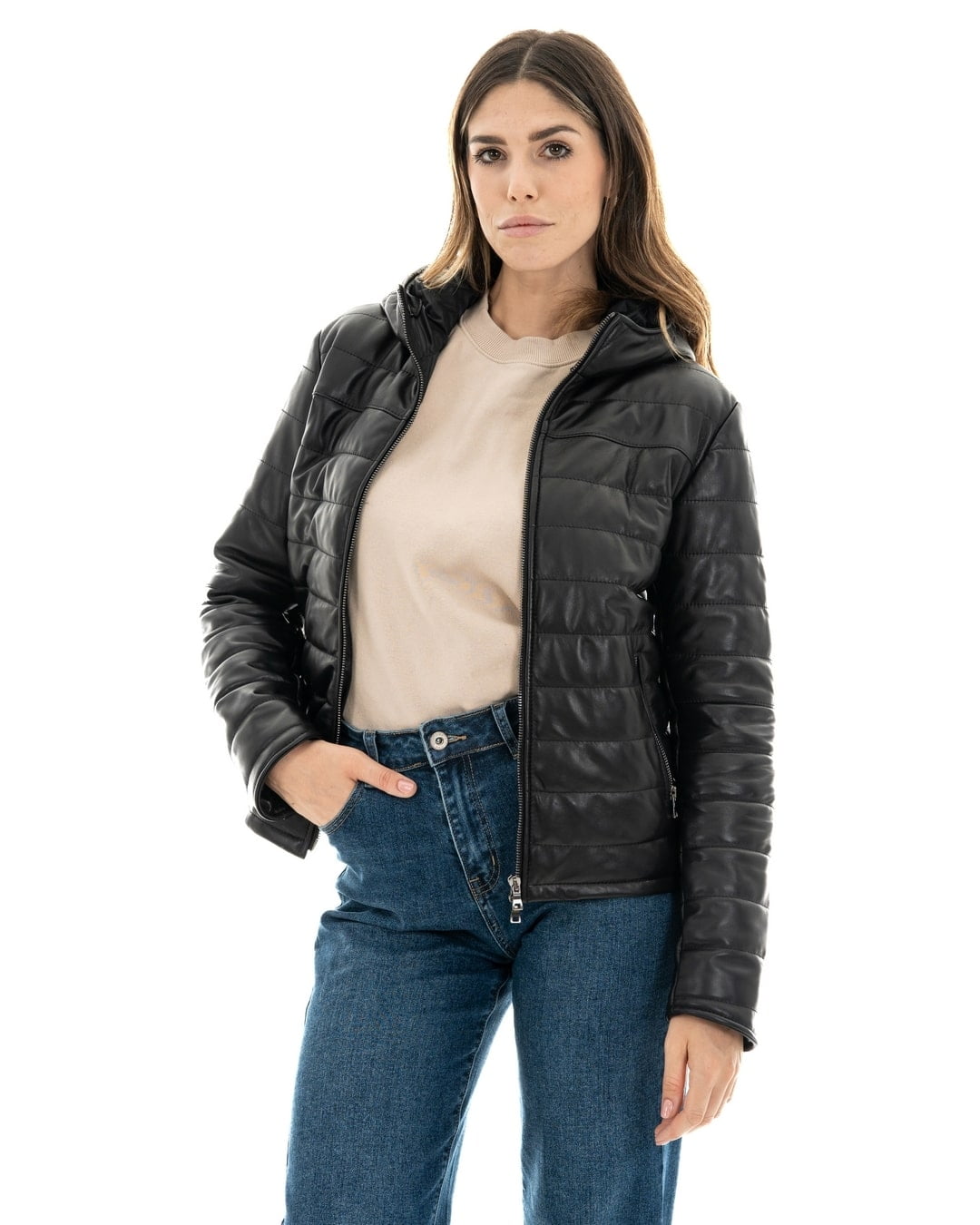 ELODIE Piumino con cappuccio da donna in vera pelle nero