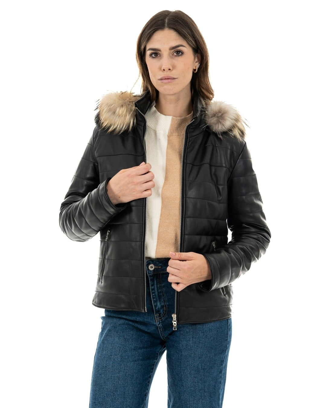GRACE Piumino con cappuccio da donna in vera pelle nero