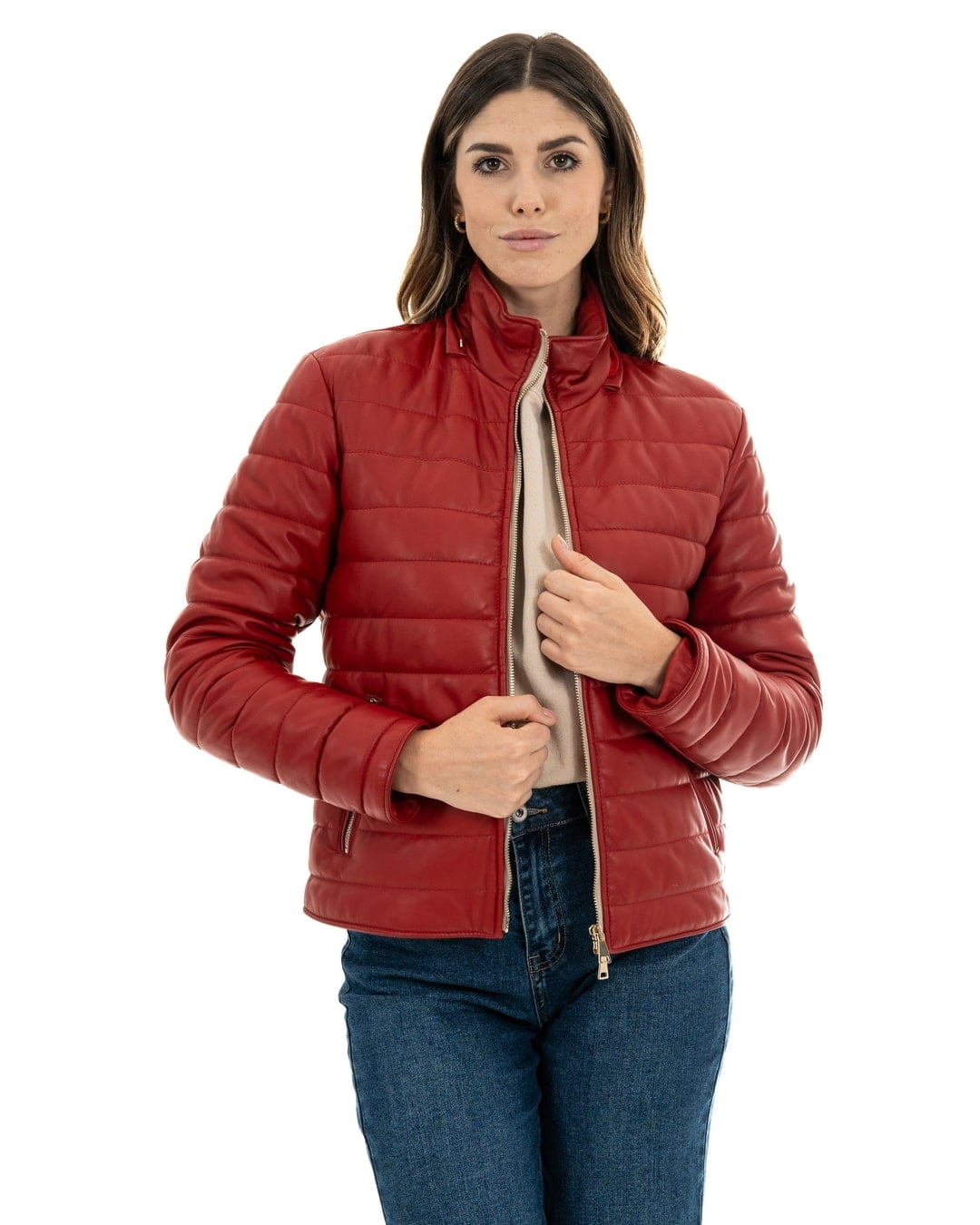 GRACE Piumino con cappuccio da donna in vera pelle rosso