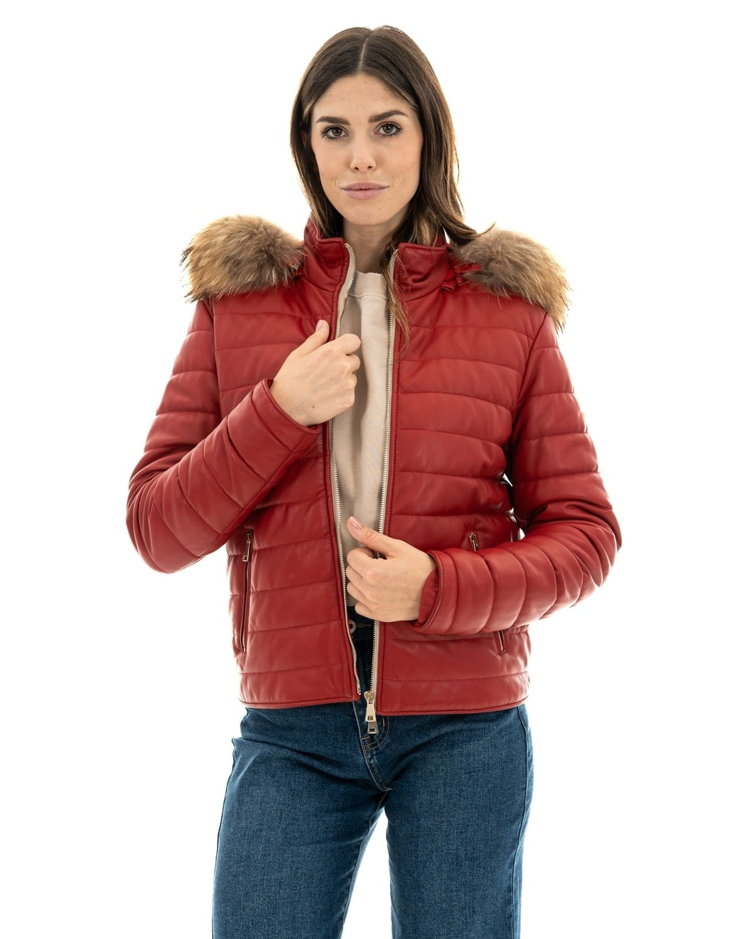 GRACE Piumino con cappuccio da donna in vera pelle rosso