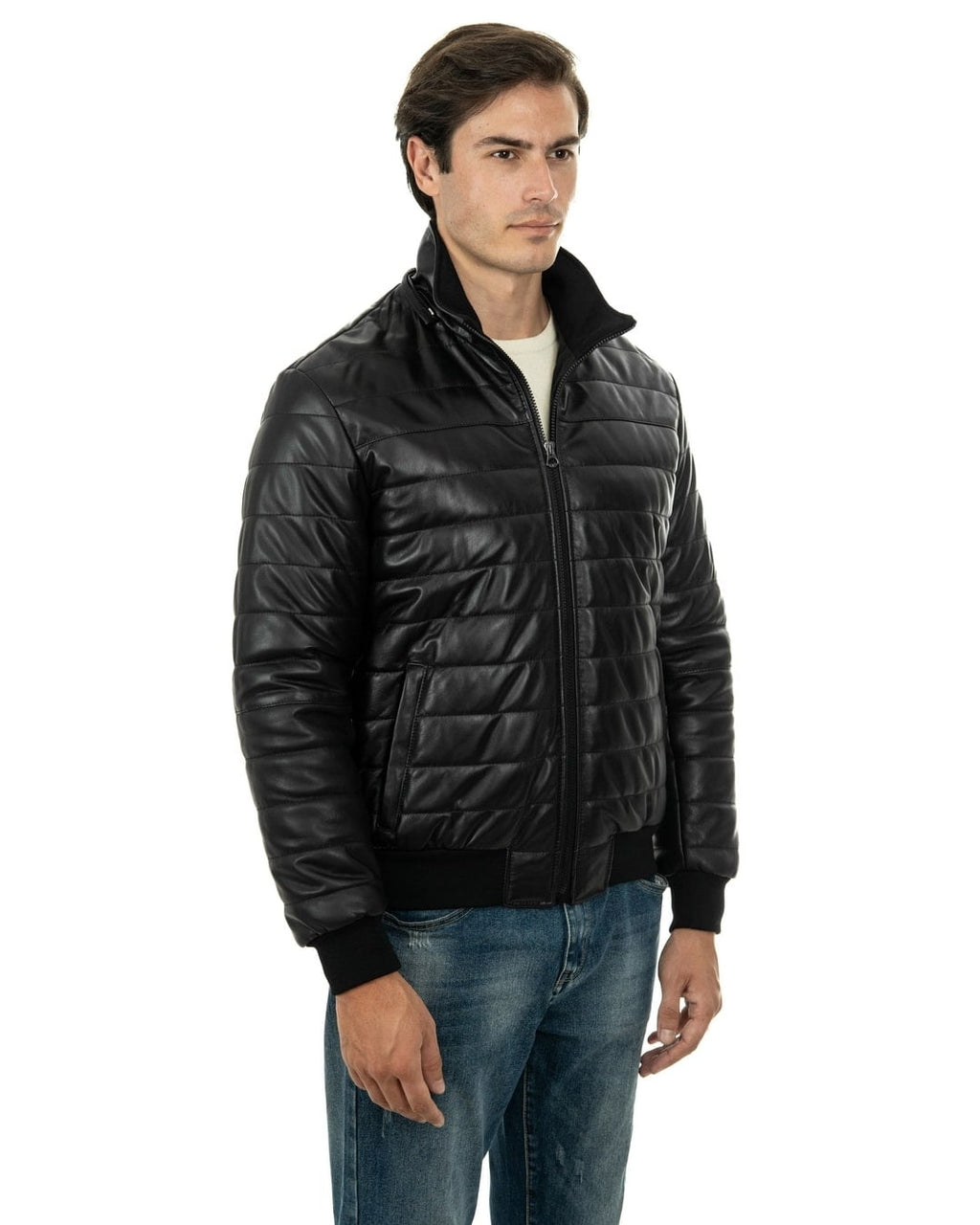 ADAM Piumino con cappuccio da uomo in vera pelle nero