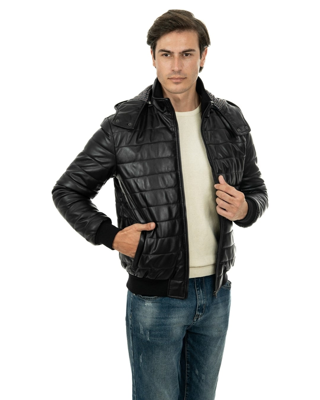 ADAM Piumino con cappuccio da uomo in vera pelle nero