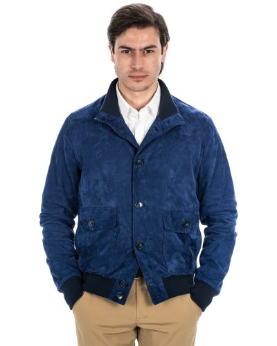 Bomber con bottoni da uomo in vera pelle scamosciata blu