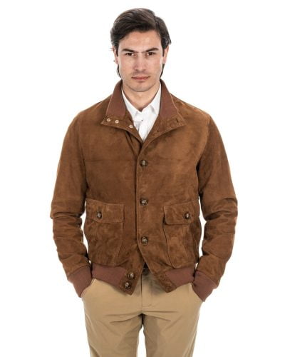 Bomber con bottoni da uomo in vera pelle scamosciata cuoio