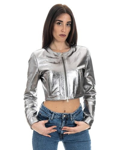 Giacca corta da donna in vera pelle laminata argento