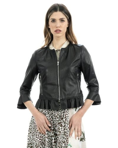 Giacca da donna in vera pelle nero con rouche