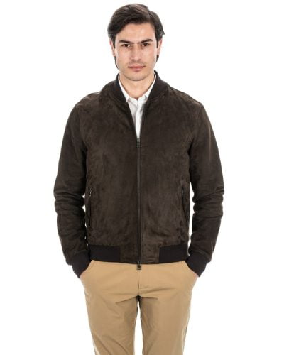 Bomber College da uomo in vera pelle scamosciata marrone