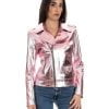 Giacca Chiodo da donna in vera pelle laminata rosa