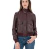 Bomber con bottoni da donna in vera pelle bordeaux