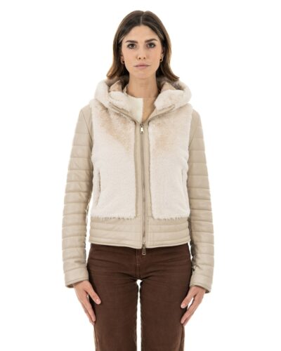 Giacca Piumino da donna in vera pelle beige con pelliccetta