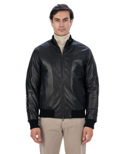 <b> SIMON </b> <br> Giacca Bomber da uomo in vera pelle nero imbottita