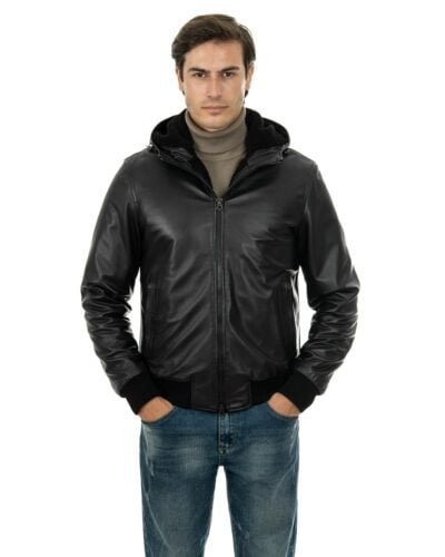 Giubbotto Bomber con cappuccio da uomo in vera pelle nero imbottito