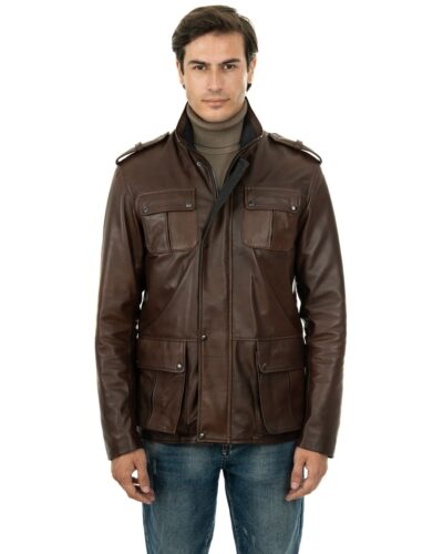 Giacca Sahariana da uomo in vera pelle marrone