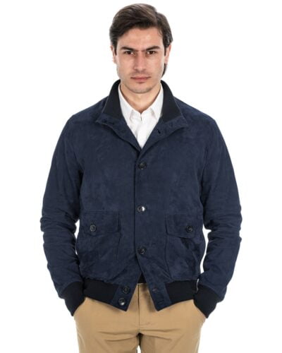 Bomber con bottoni da uomo in vera pelle scamosciata blu notte