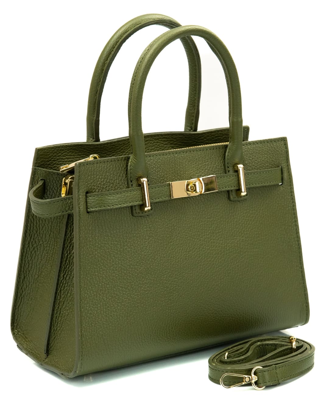 CELINE Borsa a mano in vera pelle martellata colore verde militare con tracolla Doppia Pelle