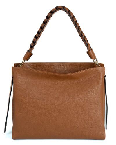 <b> AGATHA </b> <br> Borsa a spalla in vera pelle martellata colore cuoio con manico intrecciato e tracolla