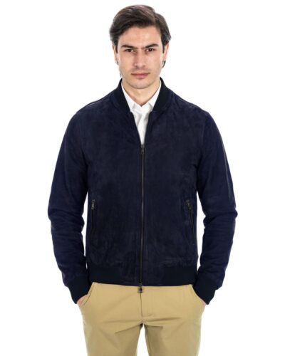 Bomber College da uomo in vera pelle scamosciata blu notte