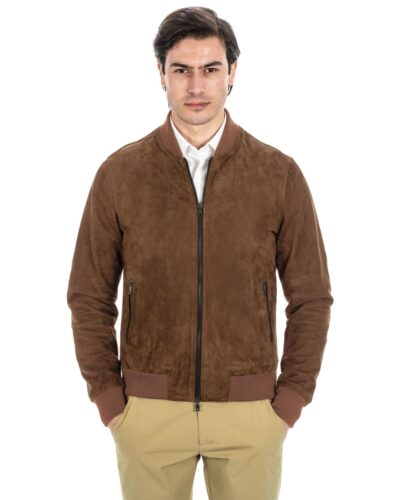 Bomber College da uomo in vera pelle scamosciata cuoio