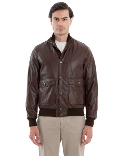 Bomber con bottoni da uomo in vera pelle marrone effetto tamponato