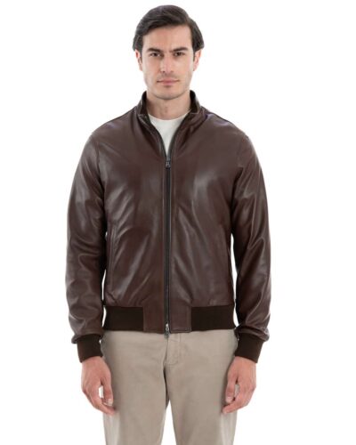 Giacca Bomber da uomo in vera pelle marrone effetto tamponato