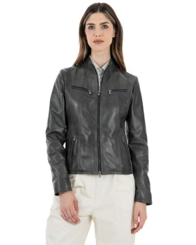 Giacca Biker da donna in vera pelle grigio