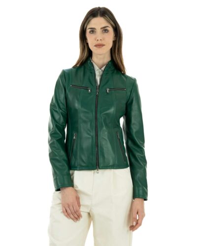 <b> IOLE </b> <br> Giacca Biker da donna in vera pelle verde