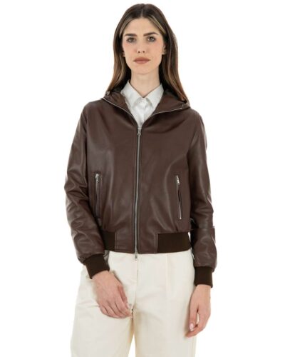 Giacca Bomber con cappuccio da donna in vera pelle marrone effetto tamponato