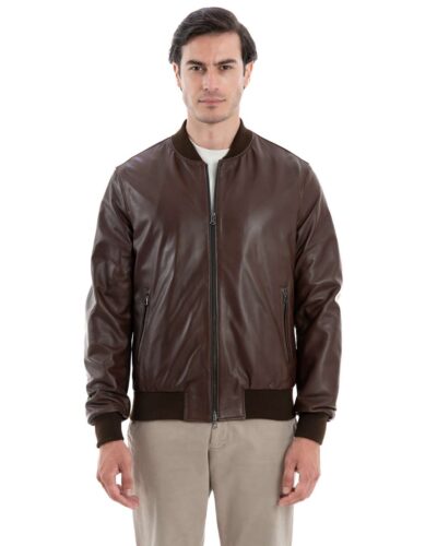 Bomber College da uomo in vera pelle marrone effetto tamponato