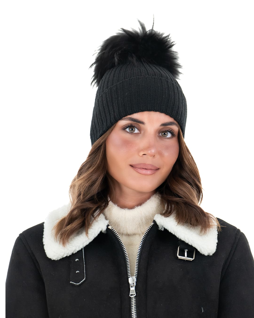 <b> DAISY </b> <br> Cappello donna in lana nero con pompon in pelliccia